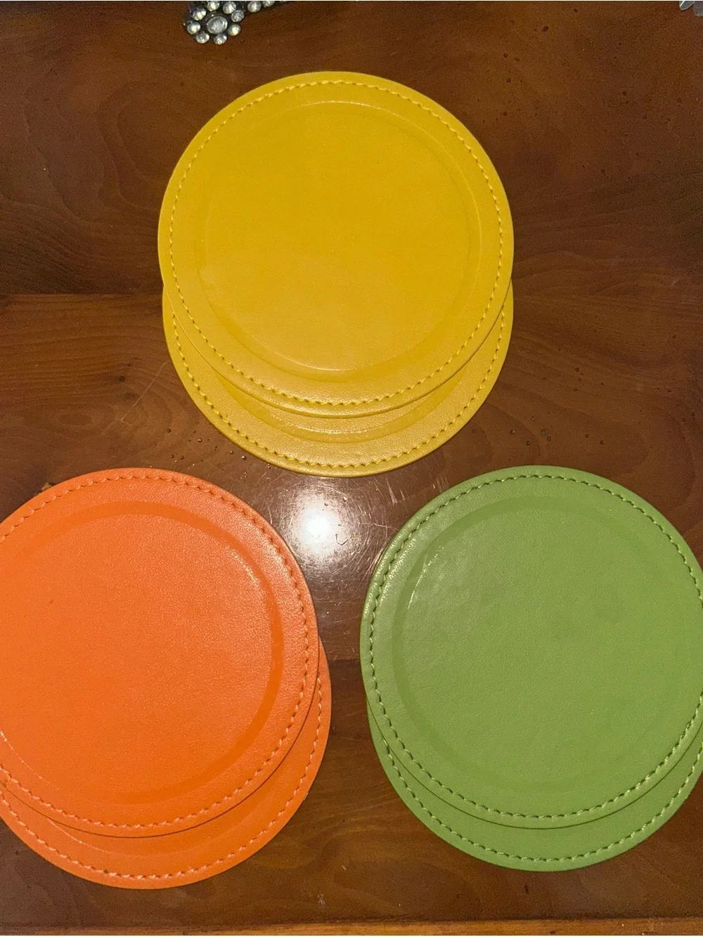 Crate & Barrel 6 Leather Coasters Yellow, Orange, Green 4x4
